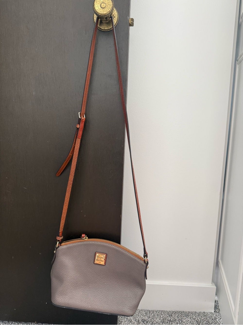 Dooney & Bourke Gray Pebbled Leather Crossbody with Brown Strap